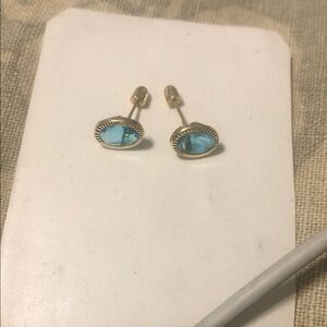 Gold Tone Stud Earrings with Blue Oval Crystal